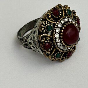 Vintage Turkish-Style Ottoman Dome Ring Size 6 Boho Chunky Renaissance Red Green